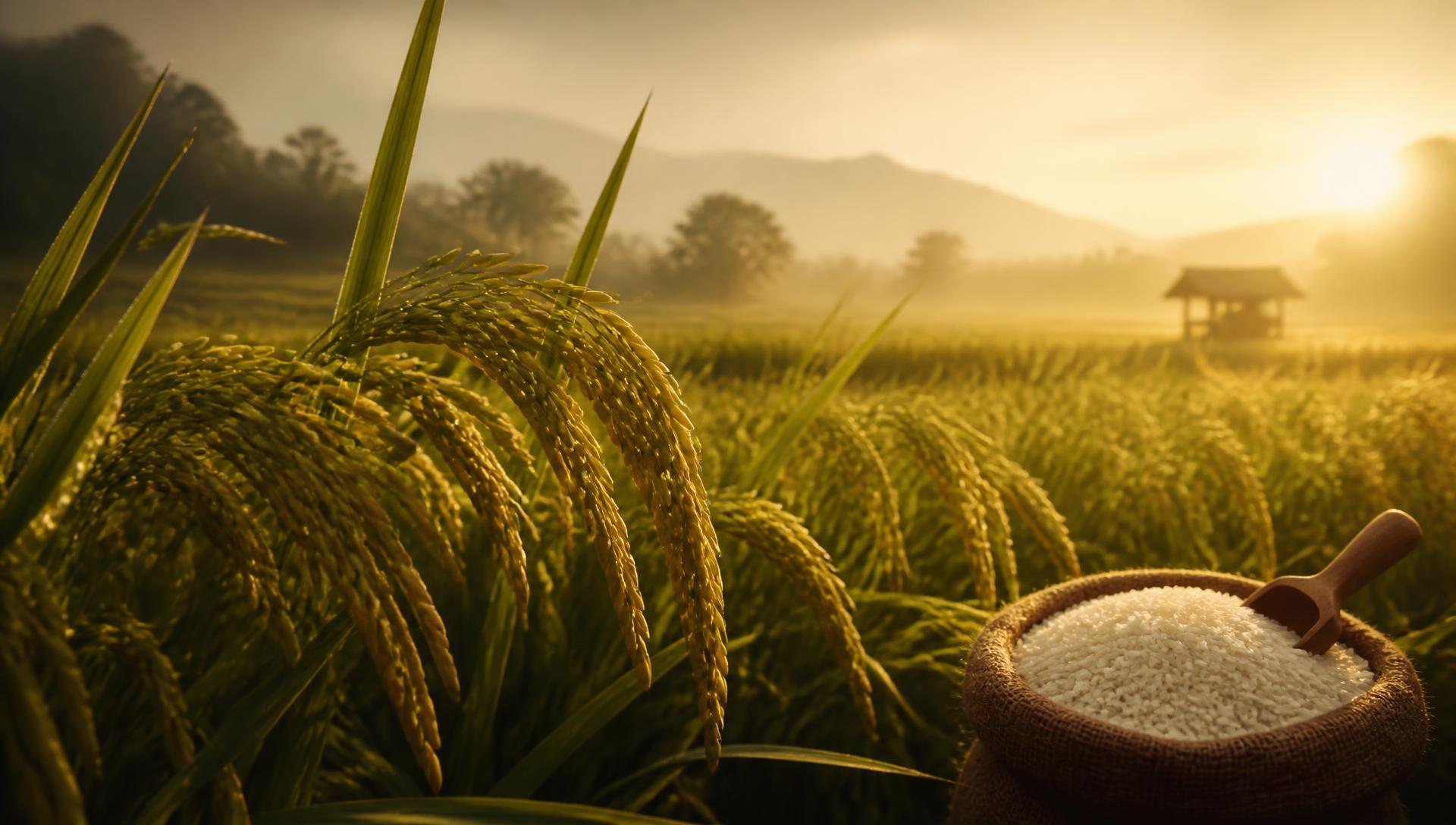 Golden rice paddy field at sunrise on a Pooja Foods partner farm