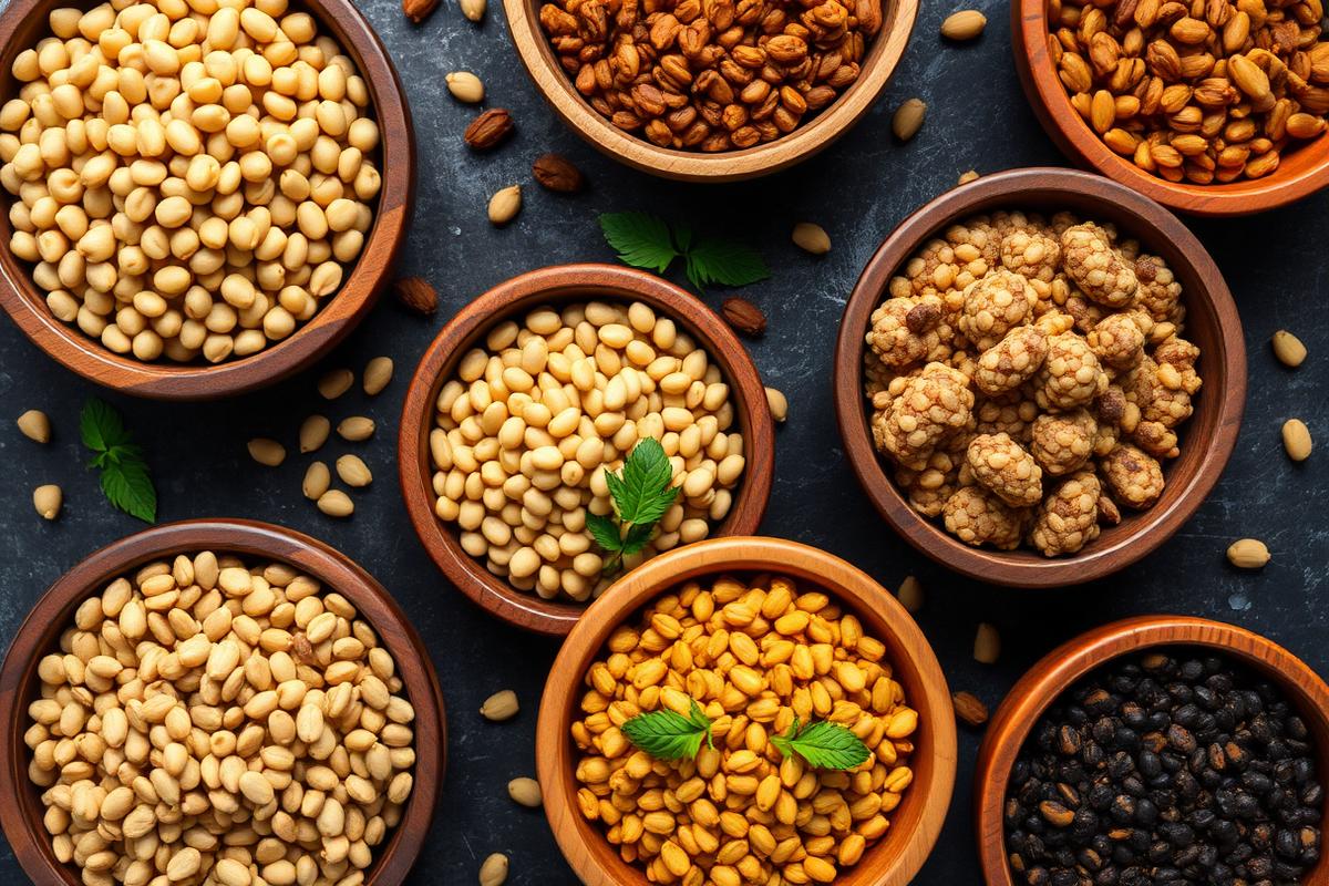 Assorted premium Indian pulses in wooden bowls